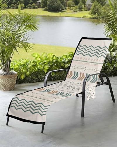 Boho Beige Beach Chair Towel Covers for Chaise Lounge with Side Pocket, Soft Plush Pool Towels Cover for Patio Sunbathing Outdoor 29''x85'' Bohemia Flower Geometric Modern Stripes