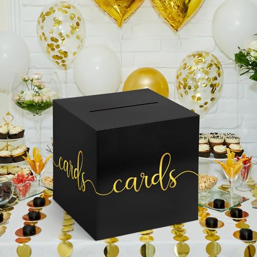 Image of Hooqict Black Card Box with Slot 9.1 inch Gold Foil Gift Card Box for Party, Graduation, Wedding Reception, Birthday, Bridal or Baby Shower, Raffle Ticket Money Envelope Holder