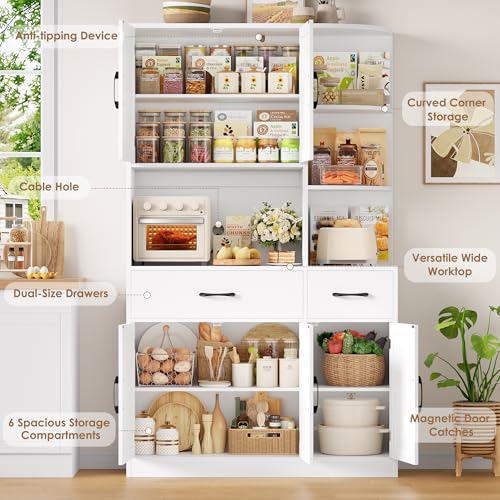 HOCSOK Kitchen Cupboard, 177cm Tall Kitchen Cabinets with Countertop, Pantry Cupboard with 3-tier Open Shelves, 5 Doors, 2 Drawers, Freestanding Pantry for Dining Room Living Room, White - Image 4