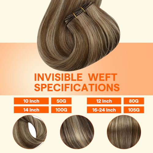 Image of Full Shine Weft Hair Extensions, Brown Sew In Extensions Remy Hair 16 Inch | 105G Sew In Remy Hair, Color Medium Brown Highlight Honey Blonde, Straight Hair Weft, Add Length And Volume, Office Styling