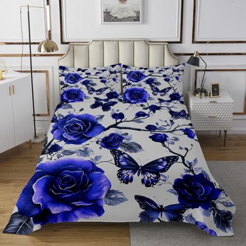 Manfei Rustic Blue Flowers Animals Bedspread Queen Size Bedding for Teens Living Room Butterfly Rose Decor Coverlet Set Botanical Branch Floral Quilt Set for All Season,3 Pcs with 2 Pillowcases