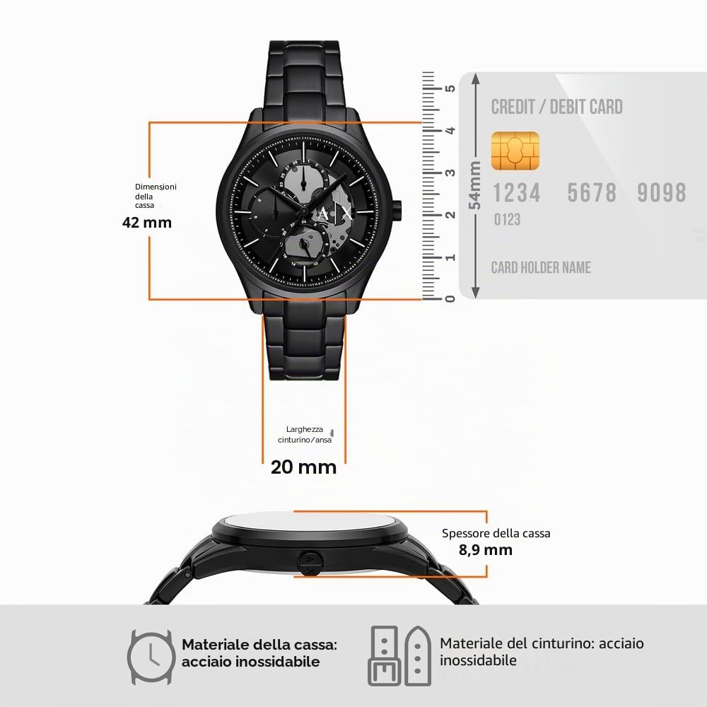 Armani Exchange Orologio da uomo, Movimento multifunzionale al quarzo e cassa da 42 mm con cinturino in acciaio