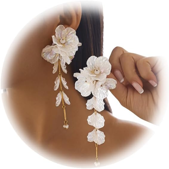 1Pair Vintage Big Flower Long Tassel Drop Earrings Summer Boho Flower Piercing Earrings Bridal Wedding Crystal Shell Drop Earrings Statement Flower Stud Jewelry for Women