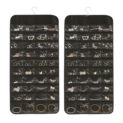 PRRQFJZS 80 Zippered Pockets Hanging Jewelry Organizer for Holding Jewelries Dual-Sided Accessory Display Holder for Earrings Bracelets Rings