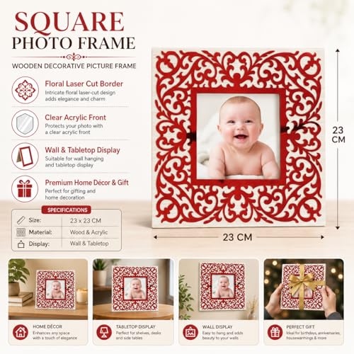 Image of Square Photo Frame 23 x 23 cm Wooden Decorative Picture Frame with Floral Laser Cut Border, Clear Acrylic Front, Wall & Tabletop Photo Frame for Home Decor, Birthday, Anniversary & Baby Photo Gift