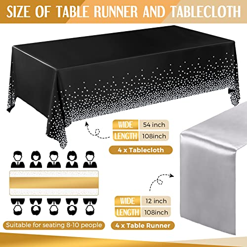 Image of Breling 8 Pack Black and Silver Disposable Plastic Tablecloths and Satin Table Runner Set, 54 x 108 Inch Tablecloth, 12 x 108 Inch Table Runners for Wedding Graduation Birthday Baby Shower New Year