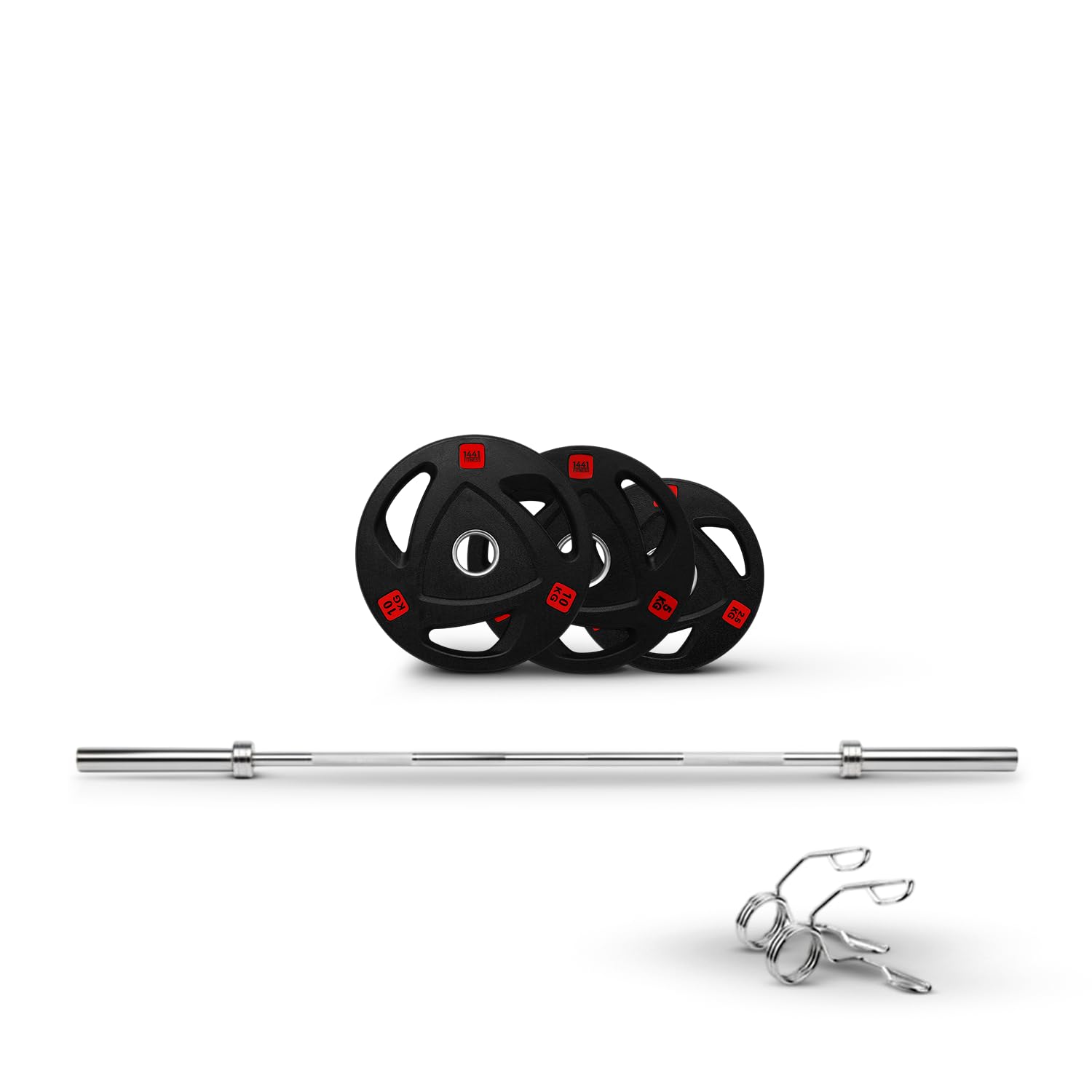 1441 Fitness Olympic Tri-Grip Rubber Weight Plates Set 42KG with Barbell & Steel Collars – Noise-Reducing, Secure Grip Plates for Strength Training, Powerlifting & CrossFit