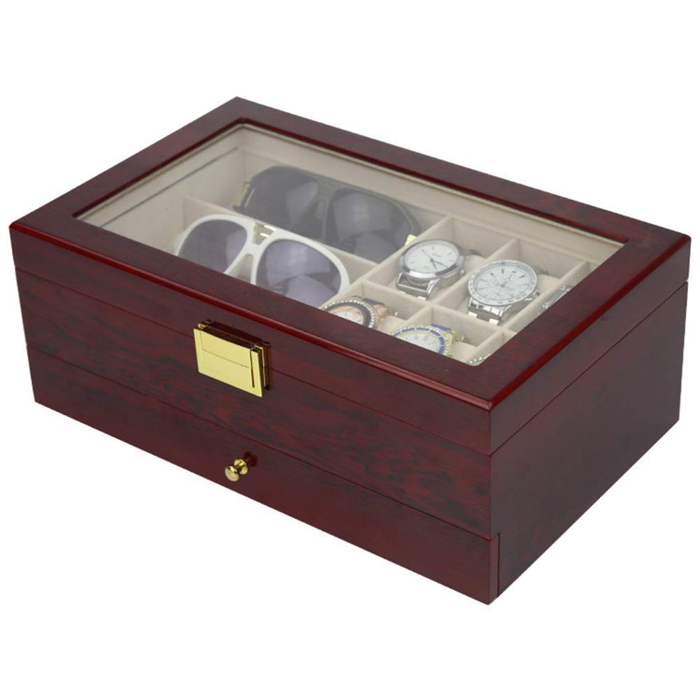 Uhrenbox aus Holz mit Schublade, Uhrenbox-Organizer mit 6 Fächern, doppellagige Uhrenvitrine, für Damen und Herren
