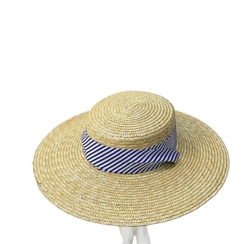 Chapeau d'été pour femmes en paille à dessus plat et grand bord avec ruban
