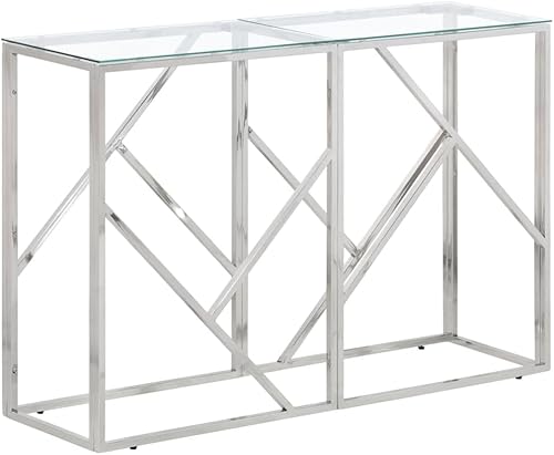 vidaXL Mesa consola plateada con parte superior de vidrio templado, marco de acero inoxidable, diseño moderno, mesa rectangular para sofá o pasillo,