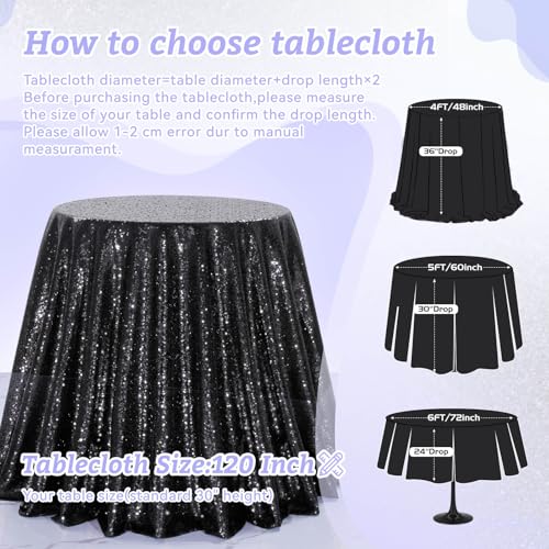 Image of B-COOL Black Sequin Tablecloth Parties Decor: Round Sequin Overlay Shimmer Fabric for Halloween Table Setting Buffet Graduation Party 120 Inch