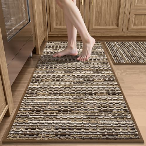 Kitchen Rugs Sets of 2-Non Slip Kitchen Mats for Floor-Thick Stain Resistant Vintage Kitchen Floor Mat Runner Carpet for Hallways Entryway Laundry Room Washable（Brown 20