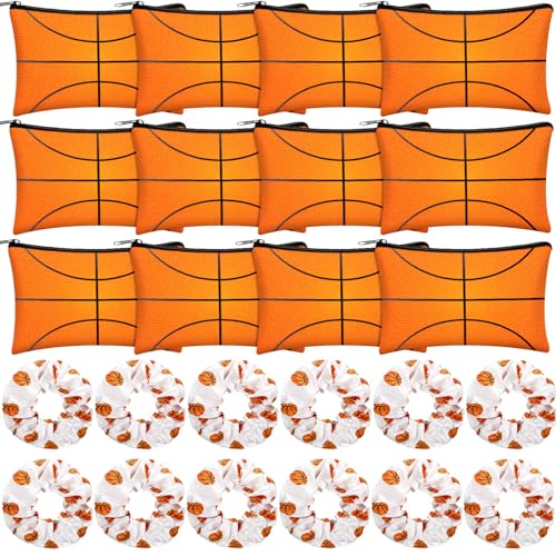 Moukeren 24 Basketball Stuff Set Cosmetic Bags Sport Makeup Bags Pencil Storage Case Portable Satin Hair Scrunchies Elastic Hair Bands Basketball Gifts for Girl(White,Cute Style)