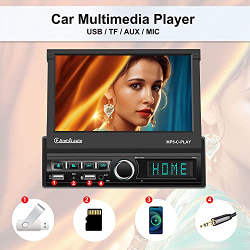 Single Din Car Stereo With Apple Carplay Android Auto Mirror-Link 7 Inch Flip Out Touch Screen Car Radio With Bluetooth Handsfree And 12Led Backup Camera Usb Tf Aux Input Fm Audio Receivers #TOP5