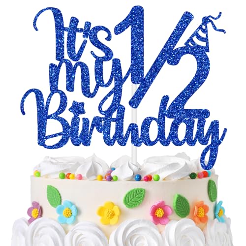 It's My 1/2 Birthday Cake Topper, Half Way to One Cake Decor, Baby Boys Girls 6 Months Birthday Baby Shower Party Decorations Blue Glitter
