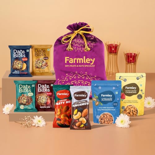 Image of Farmley Small Potli Gift Pack, Assorted Dry Fruit & Snack Gift Pack, Date Bites 80g, Panchmeva 30g, Peri-Peri Party Mix 35g, Roasted Almonds 40g, Roasted Cashews 36g, Assorted Snack Hamper, 221 gm