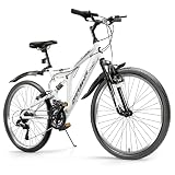 24/26 Inch Mountain Bike for Men & Women, 21-Speed Full Suspension MTB, High-Carbon Steel Frame, Quick Release Front Wheel, Dual Fenders, Easy Assembly, Trail & Commuter Bicycle (White, 26 Inch)