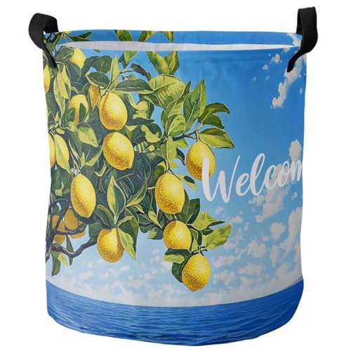 Collapsible Laundry Basket 42L, Coastal Lemon Storage Bin Laundry Hamper with Handles, Summer Ocean Sea Yellow Fruits Leaf Tree Waterproof Clothes Baskets for Bedroom/Kitchen 13.8 x 17 In