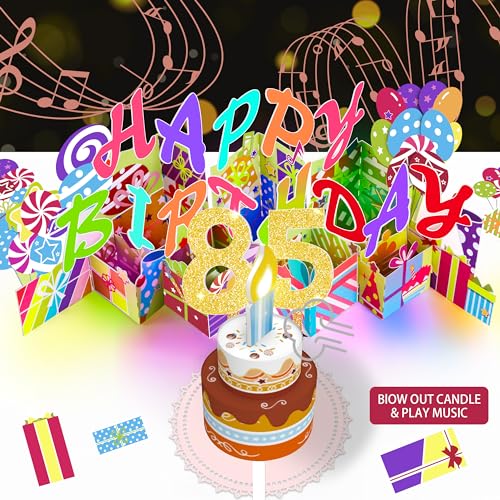 Image of 85th Pop-Up Musical Birthday Card, Blowable LED Candle for Women and Men