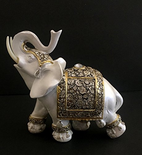 Antique White Finish Decorated Elephant Statue Trunk Up Lucky Elephant Home Decor - Oma® Brand #TOP3
