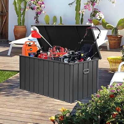Domi 160 Gallon Deck Box, Outdoor Metal Lockable Storage Cabinet, Waterproof Steel Outdoor Bench with Lockable Lid, Side Handles & Rolling Casters for Outside Cushions, Pillows, Garden Tools, Grey