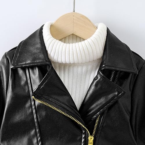 EnJoCho Toddler Girls Leather Coat Winter Solid Color Long Sleeve Lapel Zipper Leather Coat Warm (Black, 2-3 Years)4