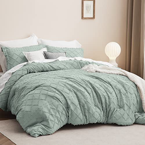 Image of Bedsure Queen Comforter Set - Sage Green Comforter, Boho Tufted Distressed Vintage Bedding for Kids, 3 Pieces Farmhouse-Style Bed Set for All Seasons, Fluffy Soft Bedding with 2 Pillow Shams