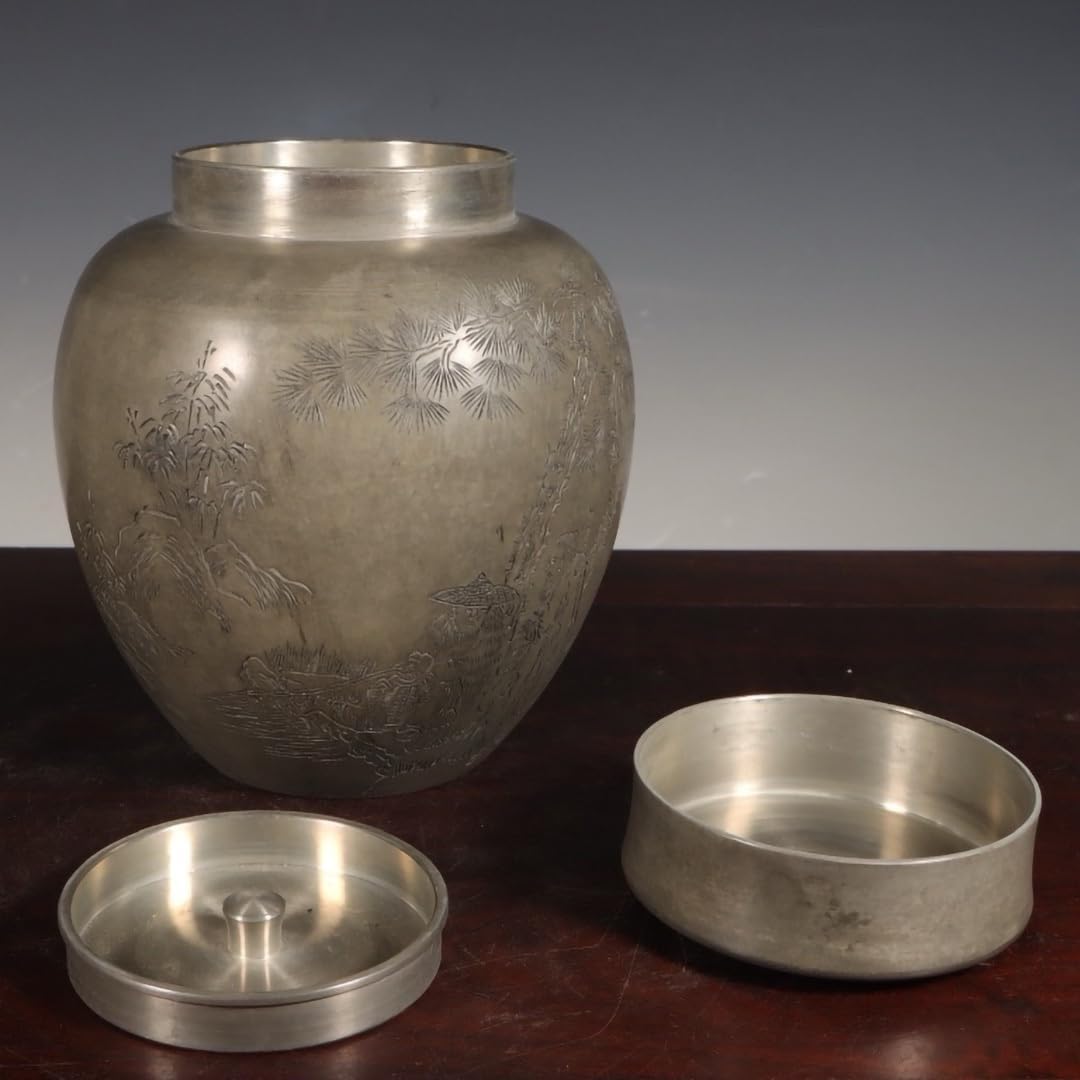 古錫 茶葉罐 蔵六居造 錫刻漁樵問答茶心壺 古錫 茶葉罐 蔵六居造 錫刻漁樵問答茶心壺