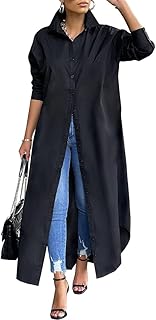 Nhicdns Vestido de camisa con botones para mujer, casual, color sólido, manga larga, cuello con solapa, vestido largo