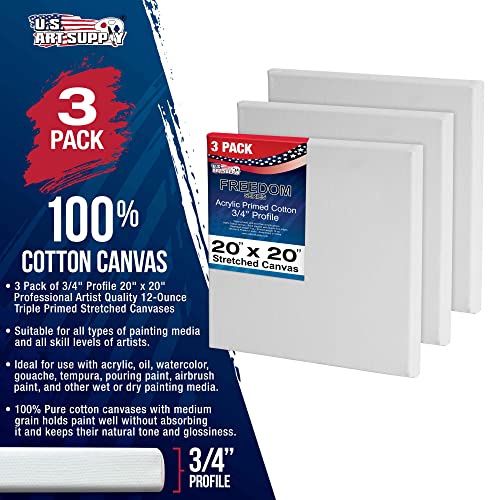 U.s. Art Supply 20 X 20 Inch Stretched Canvas 12-Ounce Triple Primed, 6-Pack - Professional Artist Quality White Blank 3/4" Profile, 100% Cotton, Heavy-Weight Gesso - Acrylic Pouring, Oil Painting #TOP1