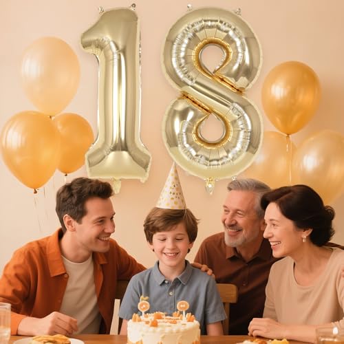 Image of Champagne Gold Large Number 18 Balloon, 40 Inch Light Gold Foil Helium Number Balloons, Giant Mylar Number 18 Balloons for 18 Years Old Birthday Party Anniversary Decorations (Champagne Gold 18)