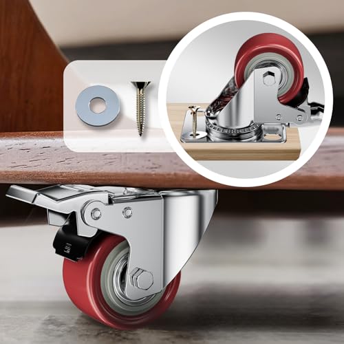 Image of 2 Inch Caster Wheels, Casters Set of 4, ASHGOOB Red Polyurethane (PU) Casters with Brake Heavy Duty, Industrial Locking Swivel Top Plate Castor Wheels for Workbench /Furniture /Cart