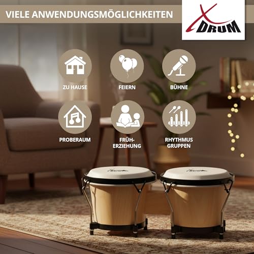 XDrum PERC Bongos Club Weinrot - 2 Trommeln mit 6\ und 7\ - Bongotrommeln mit stimmbaren Naturfellen und Stimmschlüssel - Holztrommeln Natur