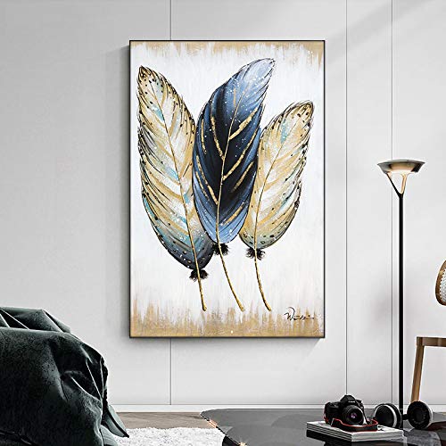 Art mural photo toile peinture abstraite plume d'or grand format 90x140 cm avec cadre