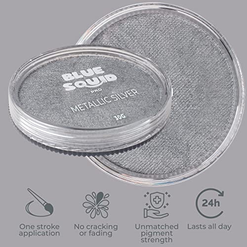Blue Squid Pro Face Paint - Metallic Silver (30Gm), Professional Water Based Single Cake Face & Body Paint Makeup Supplies For Adults Kids Halloween Facepaint Sfx Water Activated Face Painting Non Toxic #TOP2