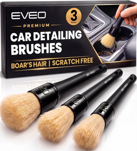 EVEO Car Detailing Brush Set - (3 Pack) Car Detailing Kit Interior Car Interior Detailing Kit Car Detailing Brushes - Car Cleaning Brush Car Detailing Brushes Car Detailing Tools | Soft Boars Hair