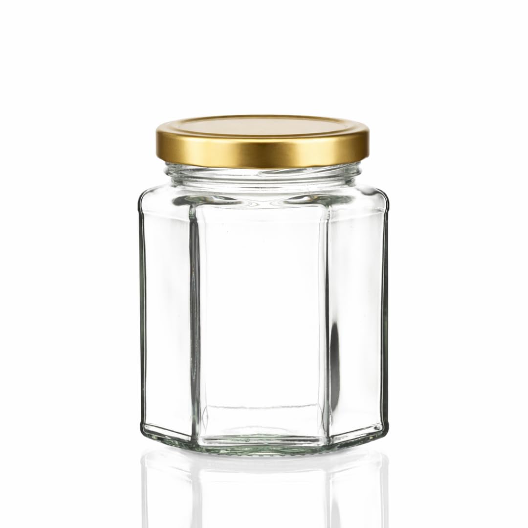 280ml Hexagonal Glass Jar with Twist-Off Lid | Honey, Jam & Chutney Jars | Clear Preserve & Sauce Jar | J&B (24)