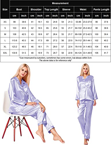 Image of SWOMOG Long Sleeve Pajamas Set Silk Satin Sleepwear Button Down Pjs Loungewear with Pocket Lavender Large