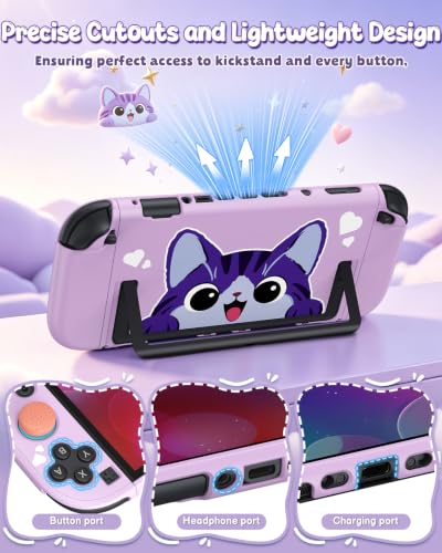 Image of Switch 2 Cute Case, FYOUNG Dockable Kawaii Cat Protective Cover Shell | Full Protection Accessories for Nintendo Switch 2 with Tempered Glass and Thumb Grips, PC Hard Case Anti-scratch Shockproof