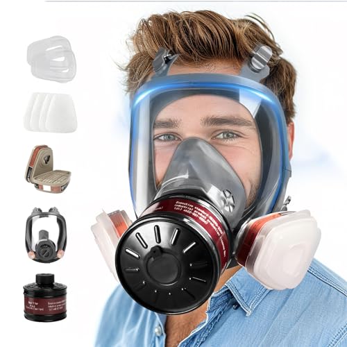 Full Face Gas Mask – Gas Masks Survival Nuclear and Chemical with 40mm Activated Carbon Filter & 6001 Cartridges Reusable Respirator for Organic Vapor Gases Dust Painting Polishing Welding