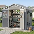 GARDENWORK 8x6 FT Outdoor Resin Storage Shed with Floor, All-Weather Plastic Garden Shed with Lockable Door & Windows, Waterproof Outside Tool Sheds for Backyard, Patio, Bike, Tools Storage