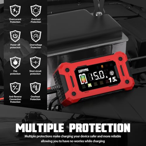 Image of COREBOX Battery Charger 15-Amp 12V Automatic Smart Battery Trickle Charger, Battery Maintainer Desulfator with Temperature Compensation for Car Truck Motorcycle Lawn Mower Marine