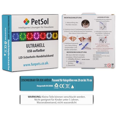 PetSol LED-Hundehalsband in Blau – wiederaufladbares USB-Sicherheitshalsband mit blinkendem Licht für Hunde, Katzen und Welpen – Größe S, M und L – modisches, im Dunkeln leuchtendes Design