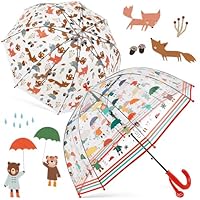 Fabbay 2 Pcs Kids Clear Bubble Umbrella Unicorn with Easy Grip Curved Handle Transparent Bubble Umbrella for Toddler Girls, Bear, Fox, Under 6 Years Old