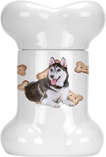 Caroline's Treasures CK2292BSTJ Husky siberiano #2 - Tarro de golosinas en forma de hueso para perros con tapa para galletas y galletas, color blanco