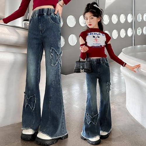 Girls Flare Jeans Kids Y2K Streetwear Trendy Butterfly Graphic Vintage Bell Bottom Denim Pants Elastic Waist Trousers3
