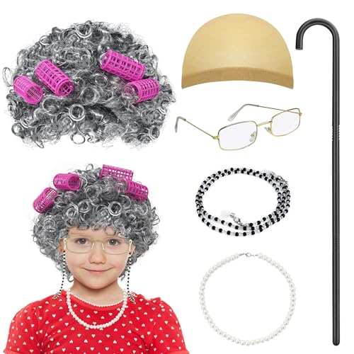 Ueyben Old Lady Wig Costume for Girls 100 Days of School Costume Grandma Granny Costumes with Curly Grey Wig Glasses Cane for Girls for Cosplay