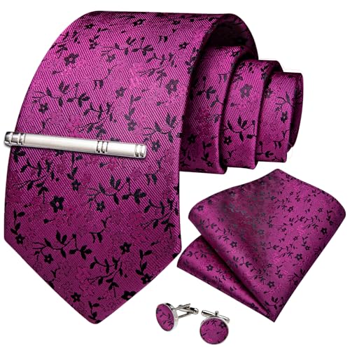 Image of DiBanGu Silk Floral Ties for Men Woven Paisley Necktie and Tie Clip Handkerchief Cufflinks Set for Party Wedding