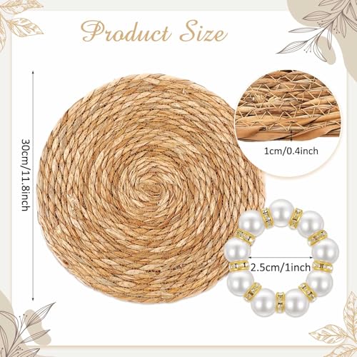 Image of 100 Pcs 12 Inch Cattail Round Woven Placemats Set, Cattail Placemats with Pearl Napkin Rings Boho Farmhouse Rustic Woven Chargers Natural Mat Bulk for Wedding Party, Dinner Table