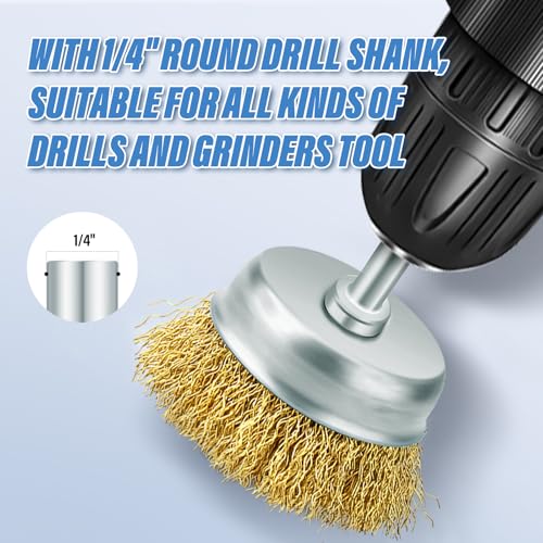 Image of 12Piece Abrasive Brass-Coated Wire Wheel Brush Set, Wire Wheel for 1 /4 inch Drill Shank for Descaling, Deburr, Sanding, Polishing